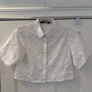 Zara White Eyelet Button-Up Blouse